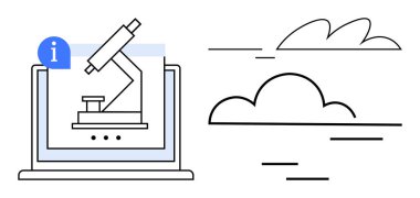 Microscope displayed on laptop screen linked with data cloud, blending digital and scientific innovation. Ideal for education, research, biotechnology, technology, connectivity, innovation, clean