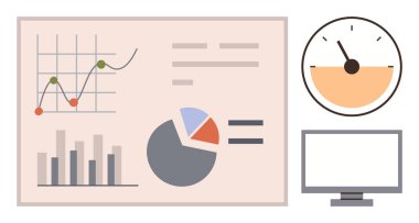 Line graph, bar chart, pie chart, gauge, and monitor representing data analysis, progress tracking, and efficiency measurement. Ideal for analytics, finance management technology reporting