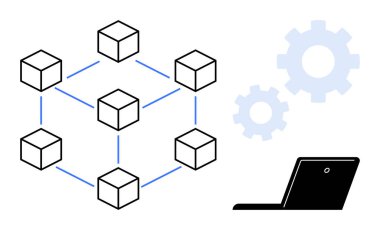 Bir dizüstü bilgisayar ve dişlilerin yanında ağ şablonu oluşturan birbirine bağlı küpler. Engelleme zinciri, teknoloji, veri transferi, ademi merkeziyetçi sistemler, dijital yenilik, proje yönetimi, basit daire