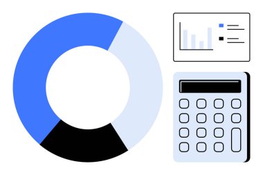 Pasta grafiği, bar grafiği ve hesap makinesi finansal analiz, bütçe ve veri organizasyonunu öneriyor. İş stratejisi, muhasebe, finans, veri yorumlama planlama raporlama için ideal