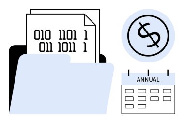 İkili veri dosyaları olan dizin, daire içinde dolar işareti, yıllık takvim. Finans, bütçe, veri depolama, teknoloji, yıllık hesaplama dijital organizasyonu için ideal. Basit düz
