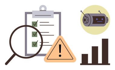 Kontrol listesinin üstündeki büyüteç, uyarı üçgeni, sohbet robotu ve bar grafiği. Veri analizi, risk yönetimi, otomasyon, yapay zeka güvenlik standartları iş stratejisi için idealdir. Basit düz