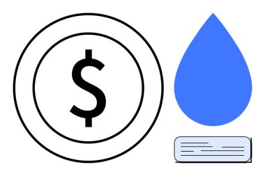 Büyük para sembolü mavi su damlasının ve açık kitabın yanında. Finans, sürdürülebilirlik, eğitim, kaynaklar, ekonomi, okur yazarlık ve bütçe temaları için ideal. Basit düz metafor