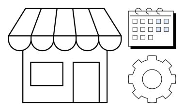 Asgari mağaza önü taslak, vites ve takvim perakende işlemleri, planlama ve yönetim öneriyor. Perakende satış, iş planlaması, verimlilik, zaman yönetimi stratejisi planlama için ideal