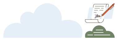 Cloud icon with a document being signed by a pen. Ideal for online contracts, cloud storage, e-signatures, digital filing, remote work, paperless workflows, secure data. Simple flat metaphor