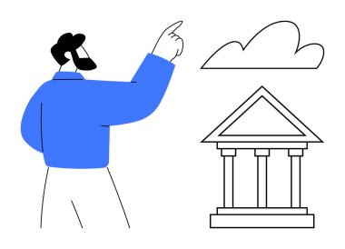 Man pointing toward a cloud near a classical building with columns. Ideal for education, technology, innovation, tradition, cloud computing, decision-making, and digital transformation concepts