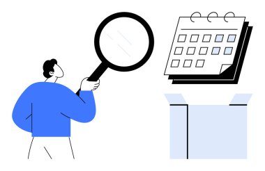 Man holding magnifying glass near calendar and open box, emphasizing deadlines, tasks, and discovery. Ideal for planning, organization, research, productivity, problem-solving goal setting simple