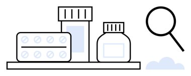 Pills, medicine bottles on a shelf, magnifying glass for inspection. Ideal for healthcare, pharmacy, drug research, quality control, medical care, prescription management simple flat metaphor