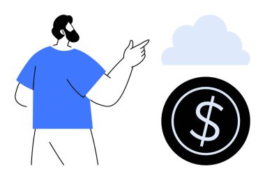 Man pointing to a cloud above a dollar coin, emphasizing digital economy, cloud computing, and financial technology. Ideal for finance, technology, online services, innovation, savings investments