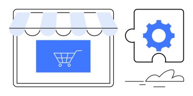 Storefront with shopping cart sign alongside puzzle piece featuring a gear. Ideal for e-commerce, online solutions, innovation, business strategy, system integration, digital tools, efficiency