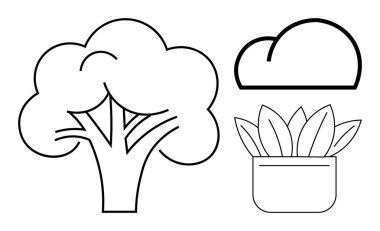 Doğayı ve sürdürülebilirliği vurgulayan basitleştirilmiş ağaç, bulut ve saksı bitkisi. Ekoloji, bahçıvanlık, hava durumu, minimalizm, eğitim ortamı ve tasarım konuları için idealdir. Basit düz