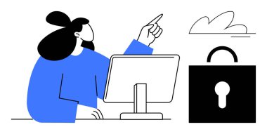 Masasında masa başı ekranı olan iş kadını asma kilidin yanındaki buluta doğru hareketler yapıyor. Siber güvenlik, bulut bilgisayarı, dijital güvenlik, veri şifreleme, çevrimiçi mahremiyet, erişim kontrolü, basit daire