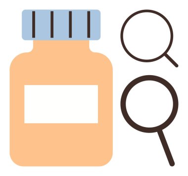 Yanında iki büyüteçle birlikte boş etiketli ilaç şişesi. Temalar için ideal sağlık, araştırma, analiz, ilaç, soruşturma, tıbbi çalışma, kalite güvencesi