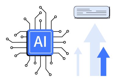 Yukarı doğru giden okların yanına bağlı AI devre çipi teknolojik ilerlemeyi ve veri büyümesini simgeliyor. Yenilik, teknoloji, veri, yapay zeka, verimlilik, büyüme ve ilerleme için ideal