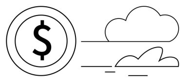 Hız, finans ve dijital işlemleri temsil eden hızlı çizgiler ve bulutlarla eşleştirilmiş dolar sikkesi. Fintech, bankacılık, tasarruflar, yatırımlar, ecommerce verimliliği ve yenilik temaları için ideal