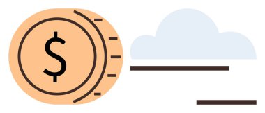 Bulut ve dinamik çizgilerin yanında dolar işareti olan madeni para, dijital para birimi, fintech, bulut hizmetleri vurgulanıyor. Finans, teknoloji, yenilik, tasarruf, yatırım büyümesi için ideal