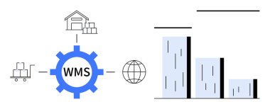 Gear labeled WMS connected to warehouse, cart, globe, and bar chart, symbolizing logistics, analytics, and supply chain workflows. Ideal for commerce, logistics warehouse analysis strategy