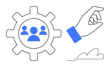 Gear with team icons and hand making a picking gesture over abstract lines. Ideal for teamwork, leadership, organization, recruitment, HR processes, collaboration, productivity. A simple flat