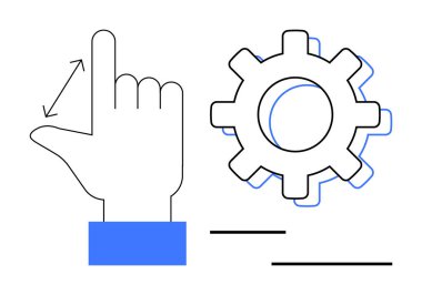 Hand making measurement gesture beside a gear icon symbolizing precision, control, and productivity. Ideal for engineering, teamwork, innovation, optimization, decision-making, workflow simple flat