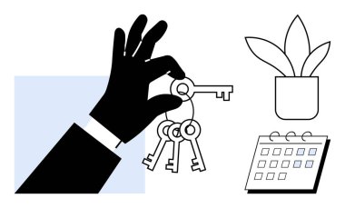 A hand holds keys beside a potted plant and a calendar, conveying responsibility, planning, leadership, and success. Ideal for management, real estate, business planning, organization investment