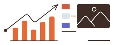 Büyümeyi gösteren yukarı doğru ok çizelgesi, kategorize elemanları olan bilgi panelleri ve görsel grafikler. Analiz, performans, sunum, iş, yönetim, strateji için ideal