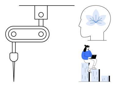 Robot kol iş başında, çiçekli insan kafası farkındalığı sembolize ediyor, dizüstü bilgisayarı olan biri barlarda oturuyor. Yapay zeka, farkındalık, yaratıcılık, öğrenme, büyüme etkileşimi için idealdir. Basit düz