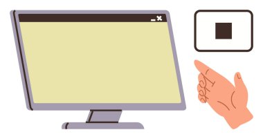 Boş ekranlı bir masaüstü monitörü ve siyah stop tuşuna işaret eden bir el hareketi. Kullanıcı arayüzü, navigasyon, erişilebilirlik, kontrol, teknoloji, etkileşim, dijital yönlendirme, basit