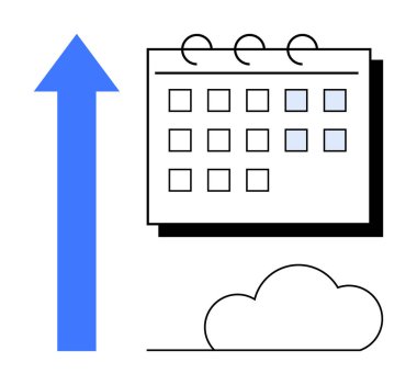 Vurgulanmış tarihli takvim, yukarı bakan mavi ok ve minimum bulut görüntüsü. Üretkenlik, planlama, büyüme, bulut hizmetleri, organizasyon verimliliği için ideal. Basit düz