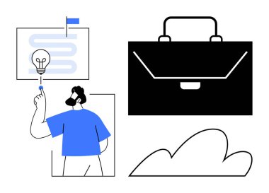 Yol ve ampullü, büyük çantalı ve soyut bulutlu bir strateji tahtasını işaret eden bir adam. İş için ideal, yenilik, planlama, kariyer ilerlemesi, profesyonel büyüme, yaratıcılık için basit düz