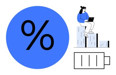 Mavi çemberde yüzde işareti, düz çizgili pil simgesi, yükselen çubuk grafiğinde dizüstü bilgisayarla oturan kadın. Üretkenlik, verimlilik, performans, istatistik, analitik ve büyüme enerjisi için ideal