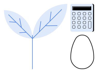 Mavi yapraklar eko-bilinci temsil eder, hesap makinesi finansmanı, yumurta şekli büyümeyi ve beslenmeyi simgeler. Sürdürülebilirlik, ekonomi, ekoloji, büyüme, yenilik ve finans stratejisi için ideal
