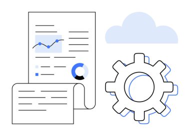 Grafikler ve grafiklerle analitik belge, optimizasyonu sembolize eden dişli ve depolama için bulut simgesi. Veri analizi, bulut hesaplama, iş akışı optimizasyonu, rapor yönetimi ve teknoloji için ideal