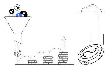 Girdap transferi gelire götürür. Artan karı resmetmek için biriken madeni paralar büyümeyi işaret eder. Pazarlama, ROI, lider dönüşümü, iş stratejisi, müşteri edinme için ideal