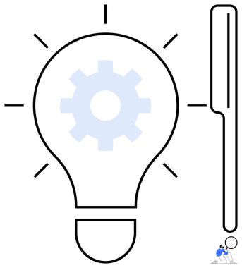 Fikirleri sembolize eden ampul, işlem optimizasyonunu gösteren dişli ve analiz için büyüteç. Yenilik için ideal, problem çözme, üretkenlik, strateji, araştırma, yaratıcılık için basit düz