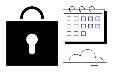 Kilit veri güvenliğini, takvim zamanlamayı, bulut ise bulut hizmetlerini temsil ediyor. Siber güvenlik, veri koruması, programlama, bulut depolama, iş akışı planlama mahremiyeti için ideal. Basit.