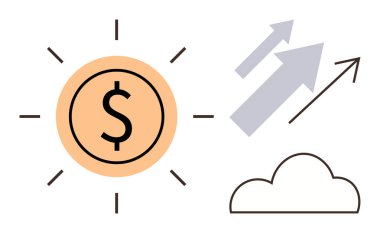 Güneş 'teki dolar işareti, yükselen oklar ve finansal başarıyı, büyümeyi, ilerlemeyi, yükselen eğilimleri, üretkenliği, ekonomiyi ve soyut servet metaforlarını sembolize eden bulut. Düz gösterimler için ideal