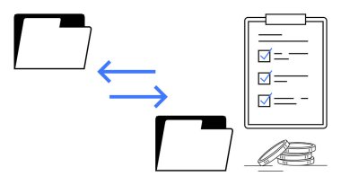 Veri alışverişini, kontrol listesi panosunu ve birikmiş paraları gösteren okları olan dosya dizinleri. Veri yönetimi, iş akışı, dosya paylaşımı, organizasyon, verimlilik denetimi görev planlama için ideal. Basit.