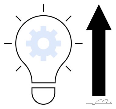 Dişli ampul, fikirleri ve yeniliği sembolize eden, yukarı doğru büyümeyi ve ilerlemeyi gösteren büyük bir okun yanında. Konseptler için ideal iş, strateji, başarı, yaratıcılık