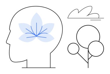 İçinde nilüfer çiçeği olan insan profili, soyut ağaç ve yakınındaki bulut. Kendini geliştirme, sağIık, farkındalık, çevre bilinci, zihinsel sağlık, eğitim büyümesi için idealdir. Basit bir daire.