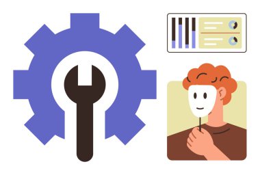 Viteste vites anahtarı, yüz maskesi tutan bir karakter ve analitik veri tabloları. Kimlik, kişisel konsept, kişiselleştirme, anonimlik, problem çözme, teknoloji için ideal