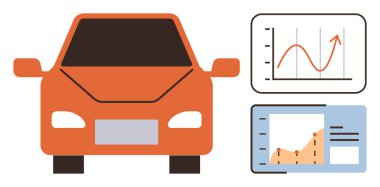 Parlak turuncu arabanın yanı sıra veri grafikleri ve yükselen eğilimler otomotiv analizi ve sezgileri gösteriyor. Teknoloji, yenilik, ulaşım, iş büyümesi, problem çözme ve pazarlama için ideal