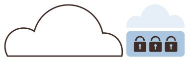 Güvenli bir bulutun yanında, veri gizliliğini, siber güvenliği ve şifrelemeyi temsil eden kilitleri olan bir bulut taslağı. Teknoloji, dijital güvenlik, çevrimiçi depolama, güvenli transfer, veri yedeği, bilişim için ideal