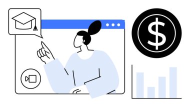 Video arayüzündeki akademik başlık simgesine işaret eden kadın çevrimiçi öğrenmeyi sembolize ediyor. Bitişik dolar işareti ve bar tablosu mali eğitimi vurguluyor. E- öğrenim, iş ve eğitim için ideal