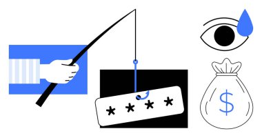 Elinde olta kamışı, şifre yemi, gözünden yaş damlası, mali risk için para torbası. Siber güvenlik, hackleme, dolandırıcılık, kayıp, hassasiyet, farkındalık için idealdir.