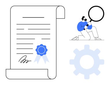İmzalı onaylı belge, detayları büyüteçle inceleyen adam ve işlem optimizasyonunu temsil eden teçhizat. Doğrulama, kalite, analiz, süreç, sertifika, araştırma için ideal