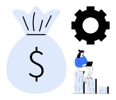 Para çantası, ilerlemeyi temsil eden teçhizat dizüstü bilgisayarı olan bir kadın istiflenmiş bloklarda oturuyor. İş, finans, kalkınma, verimlilik, yenilik stratejisi takım çalışması temaları için idealdir. Basit düz metafor