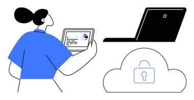 Tabletteki analitiği izleyen bir kadın, yanında bir laptop ve kilitli güvenli bir bulut var. Teknoloji, veri güvenliği, bulut hesaplama, analitik, dijital araçlar, iş yeniliği için ideal. Minimalist