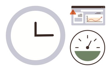 Saati sembolize eden saat, analitik gösterge paneli ve performansı temsil eden hız göstergesi. Üretkenlik, analitik, teslim tarihleri, verimlilik, yönetim odaklanma ve iş akışı için ideal. Basit düz