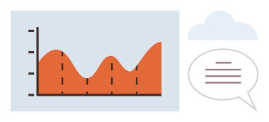 Konuşma balonu ve bulut anahatlarının yanında yükselen ve düşen veri eğilimlerinin grafiği. Analiz, iletişim, veri görselleştirme, tahmin, sunum, takım çalışması, minimalizm için idealdir. Düz