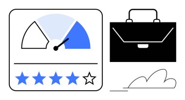 Evrak çantası ve soyut bulutun yanında beş yıldızlı bir hız göstergesi. İş için ideal, kariyer büyümesi, performans değerlendirmesi, hedef belirleme, üretkenlik, başarı, motivasyon. Basit düz